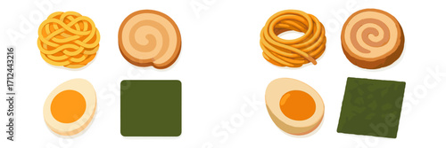 Popular Japanese ramen noodle soup ingredients and toppings with narutomaki fish cake, boiled egg, and nori