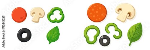 Colorful pizza toppings including mushrooms, olives, peppers, and leaves arranged creatively