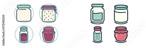 Colorful jars with various contents arranged in two sets on a neutral background