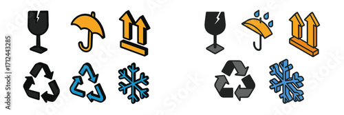 Standard packaging safety and environmental elements: fragile glass, umbrella, up arrows, recycling, and snowflake