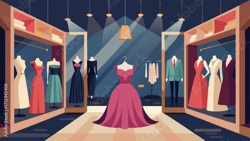 A decadent dressing room with floortoceiling mirrored closets filled with designer gowns and accessories for a gl VIP.