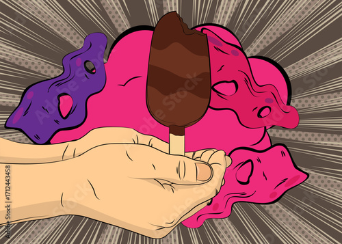 Cartoon, comic book human hands holding Ice Cream. Retro vector comics pop art design.