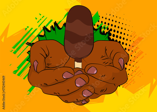 Cartoon, comic book human hands holding Ice Cream. Retro vector comics pop art design.
