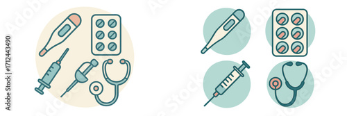 Essential medical instruments and pharmaceutical supplies for healthcare, diagnosis, patient treatment, and wellness services