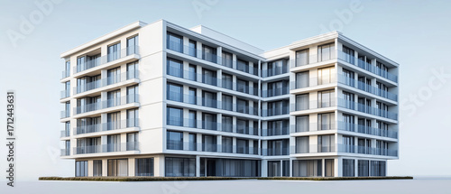 A realistic isometric 3D rendering of a stylish apartment building