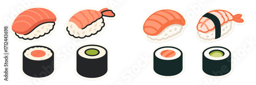 Sushi varieties showcase with nigiri and maki on a clean surface in vibrant colors at a casual dining setting