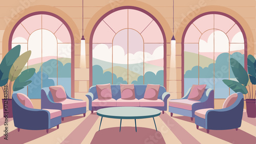 A sunroom with large arched windows and seating areas featuring plush velvet chairs and sofas in soft pastel colors.