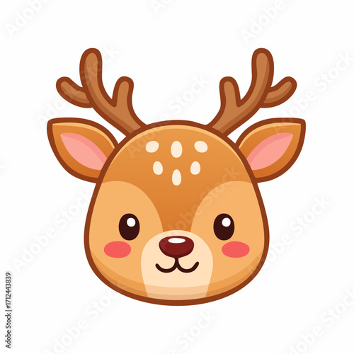 Cute cartoon deer head illustration in a lovely kawaii style. Adorable forest animal character mascot with antlers, isolated on a white background