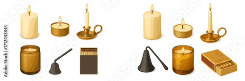 Detailed collection of burning candles in different styles, including pillar, tealight, jar, and taper, alongside matchboxes and a snuffer