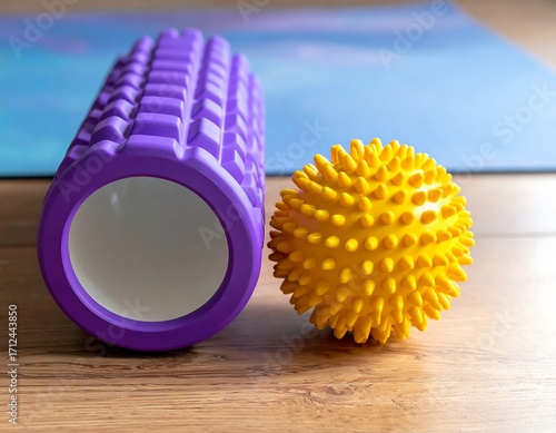 Purple and yellow massage tools on a yoga mat