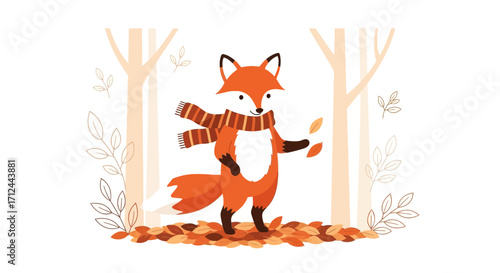 Autumnal Fox Portrait: Playful Woodland Scene, Cute Cartoon with Leaves Elements