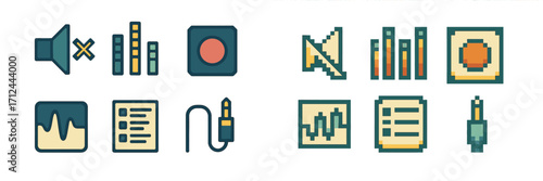 Pixel art icons showing audio and sound control features in a modern user interface design