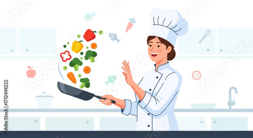 Chef Joyfully Cooking, Flipping Fresh Vegetables in a Modern Kitchen Illustration