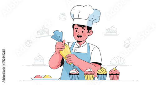 Chef Decorating Cupcakes With Icing, Creating Sweet Treats, And The Art Of Baking