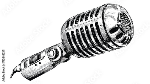 Vintage Hand-Drawn Microphone Engraving Sketch Illustration