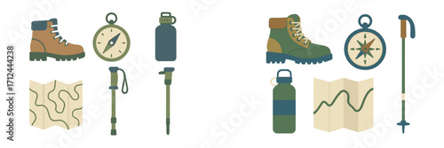 Hiking gear and supplies arranged on a flat surface for outdoor adventures and exploration