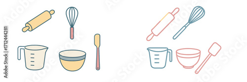 Assortment of essential kitchen baking equipment and cooking utensils for culinary activities and food preparation