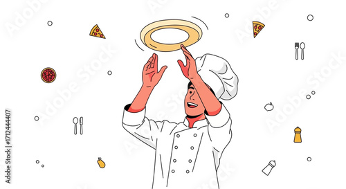 Chef Joyfully Tossing Pizza Dough Skillfully Ready To Make A Delicious Meal