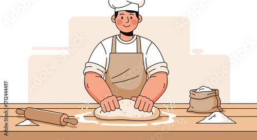 Chef Kneads Dough, Preparing Bread in Kitchen for Delicious Baked Goods Preparation