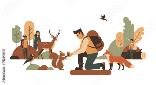 Autumnal Harmony Depicted Sharing Moment And Companionship With Forest Creatures Illustrated Scene