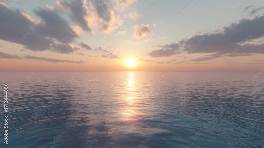 Fototapeta premium Serene sunset over a calm ocean, reflecting warm hues on tranquil waters with soft clouds