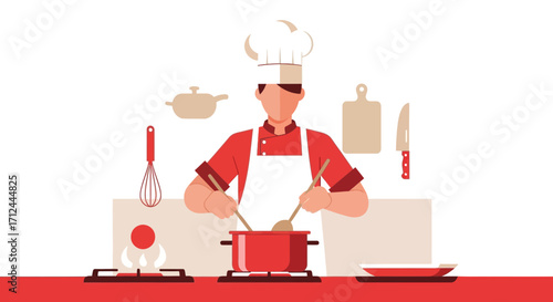 Chef Preparing Food In A Kitchen Using Professional Cooking Tools, Minimalistic Design