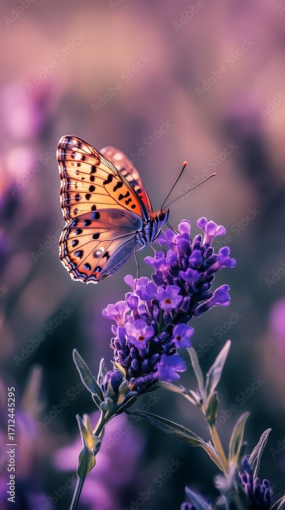 Obraz premium Detailed Macro of Orange Butterfly on Purple Lavender Flower insect nature photo