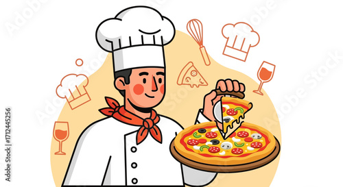 Chef Presenting Delicious Pizza: A Culinary Delight in Artistic Illustration