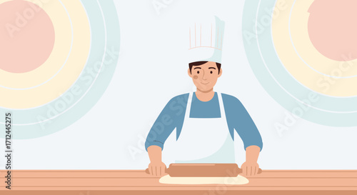 Chef Rolling Dough, Preparing Culinary Delights in A Kitchen, Baking, Pastry Making