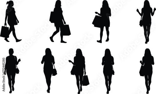 Silhouette women shopping walking with bags, fashion female shoppers isolated vector illustration, lifestyle design template, modern retail concept background, collection