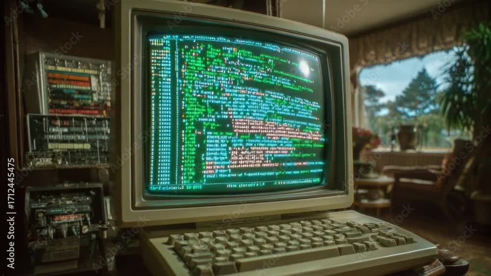 Vintage computer display with code on screen, retro interior decor ...