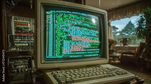Vintage computer display with code on screen, retro interior decor, programming environment, nostalgic technology from the 1980s or 1990s, home office setting