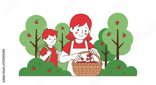 Cherries Harvested: A Mother And Child Gathering Fruit In Pleasant Garden