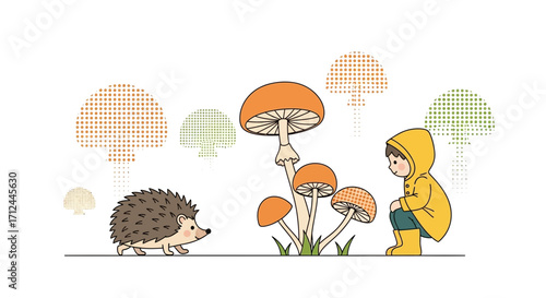 Autumnal Scene: A Boy, a Hedgehog, and Mushrooms in a Whimsical Illustration