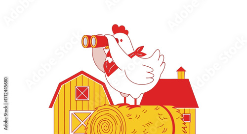 Chicken Observing Farmland With Binoculars, Funny Farm Animal Illustration in Flat Style
