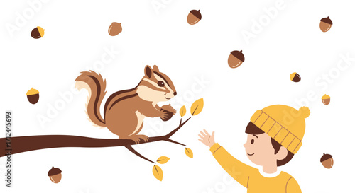 Autumnal Scene: Chipmunk Sharing Acorns With Smiling Child Under Acorn Shower