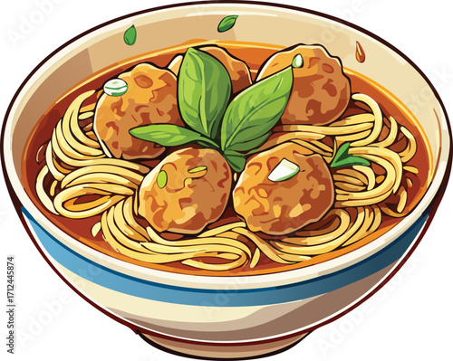 Meatball soup clipart, isolated cartoon illustration, meatballs in clear broth with noodles