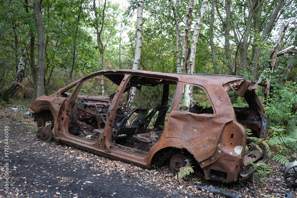 Explore an abandoned burnt-out car in a woodland setting at Strawberry Hill Heath, Mansfield, Nottinghamshire, England. Experience the eerie beauty of nature reclaiming an old vehicle. Explore an abandoned burnt-out car in a woodland setting at Strawberry Hill Heath, Mansfield, Nottinghamshire, England. Experience the eerie beauty of nature reclaiming an old vehicle.