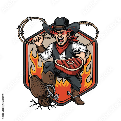 An angry cartoon cowboy with glowing red eyes holds a raw steak and a barbed wire lasso, stomping his foot amidst flames.