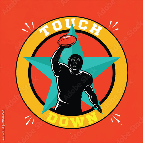 A graphic illustration of an American football player in silhouette, celebrating a touchdown with a football held high above his head, set against a star and circular background.