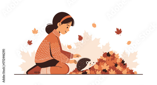Autumnal Scene: Young Girl Plays With a Friendly Hedgehog in a Pile of Colorful Leaves