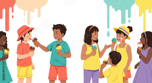 Children Joyfully Savoring Ice Cream Cones While Drizzles of Color Cascade Downward