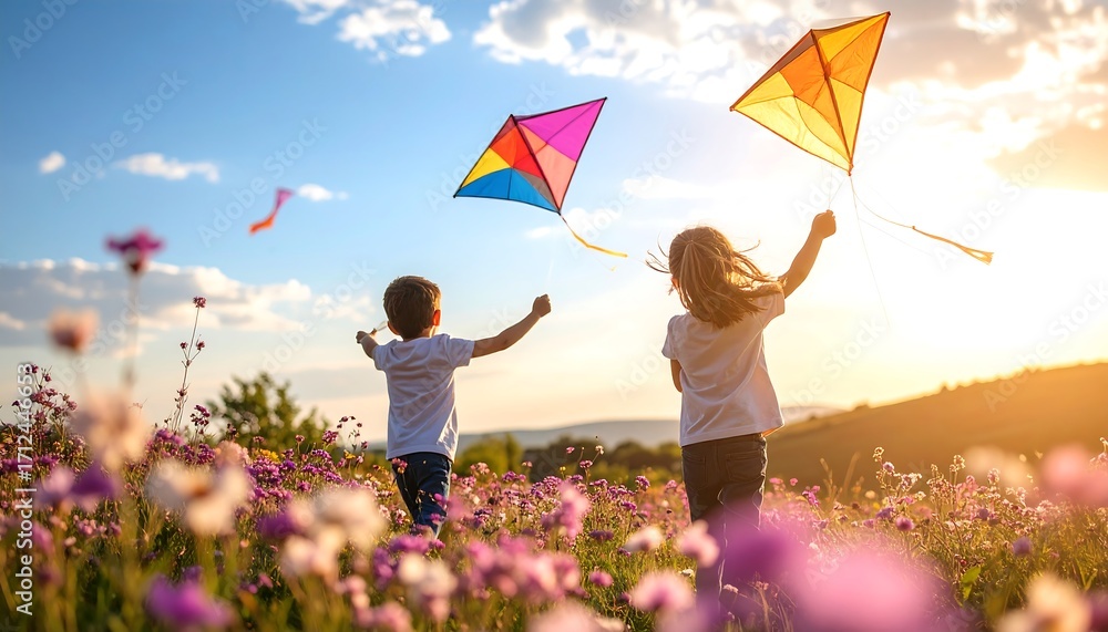 Obraz premium Children Flying Kites in Field at Sunset Happy Childhood Fun
