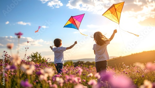 Children Flying Kites in Field at Sunset Happy Childhood Fun