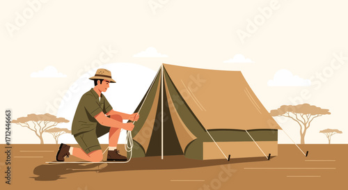 Creating Camp: Adventurer Erect Tent Outdoors Against Savanna Plains Landscape Setting Scene