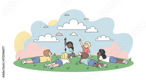 Children Observing The Sky Gazing At Clouds And Finding Inspiration Outdoors