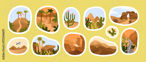 Nature landscapes set. Dry sand desert, canyon, road, airplane, cactus and palm trees, hot sandy wilderness, wild sceneries. Travel views, adventure scenes. Isolated flat vector illustrations