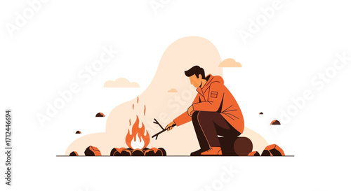 Creating Fire At Camp, The Modern Simplified Artwork Illustrates Relaxation And Nature Ambiance