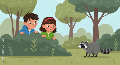 Children Observing Raccoon in a Forest, An Illustration Demonstrating Childhood Curiosity
