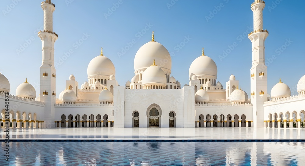Naklejka premium Grand White Mosque with Reflecting Pool Under Blue Sky